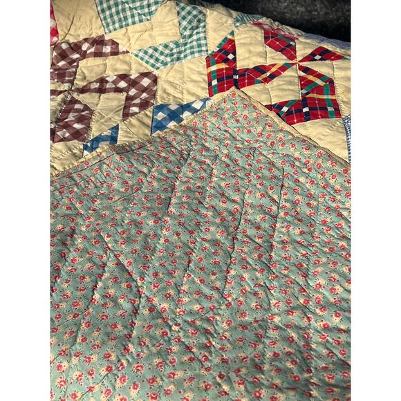Vintage Crazy Ann Pinwheel Quilt 72x88 Gingham Cottage Farmhouse Grandmillenial - Picture 5 of 11